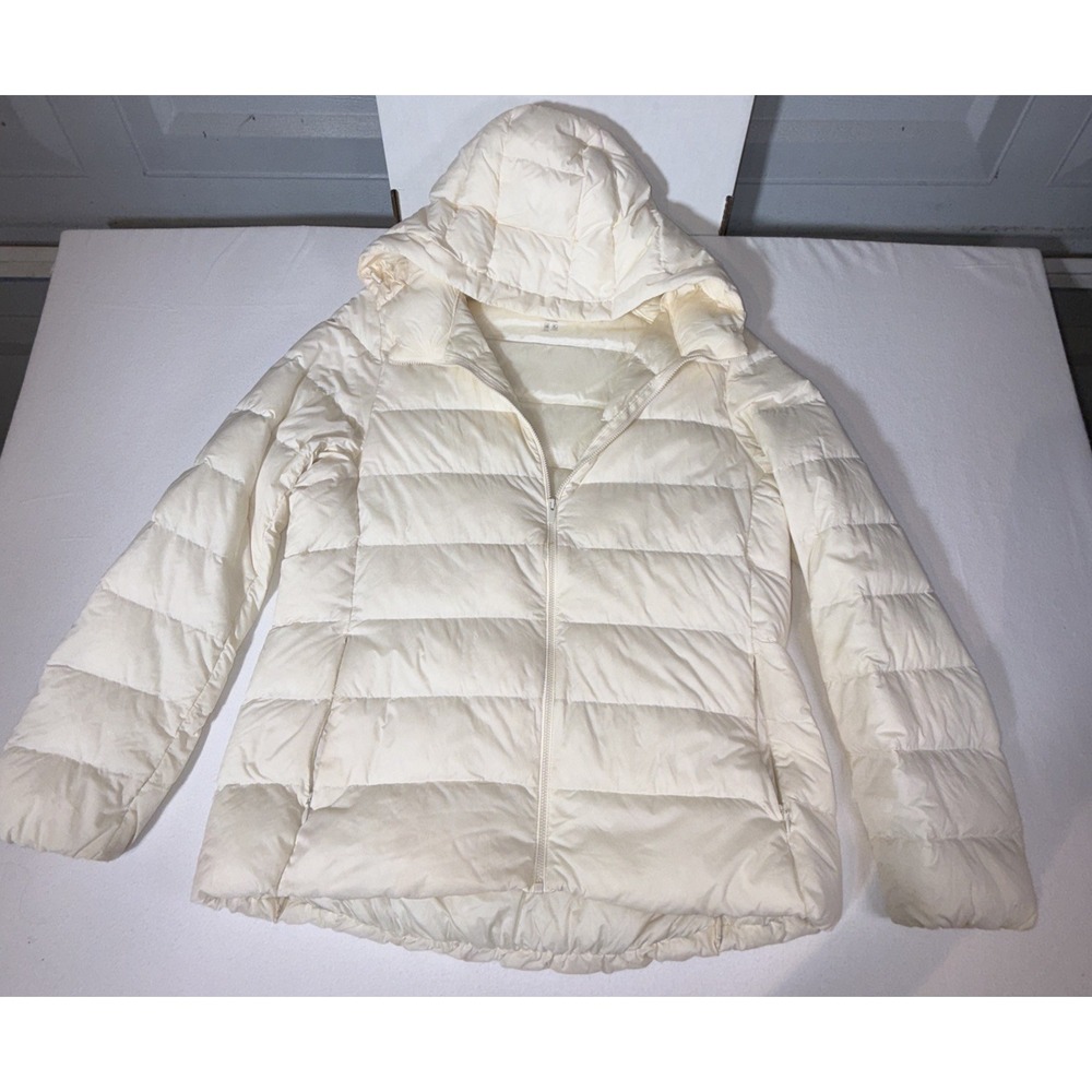 Uniqlo Ultra Light Down Parka Jacket Womens Large Off White Puffer Hooded